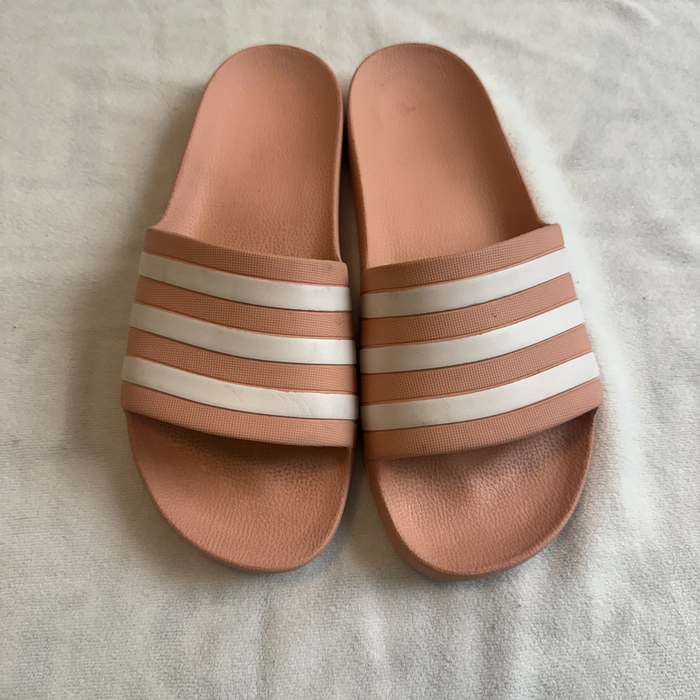 Adidas slides; pink and White Slide Sandals size 10